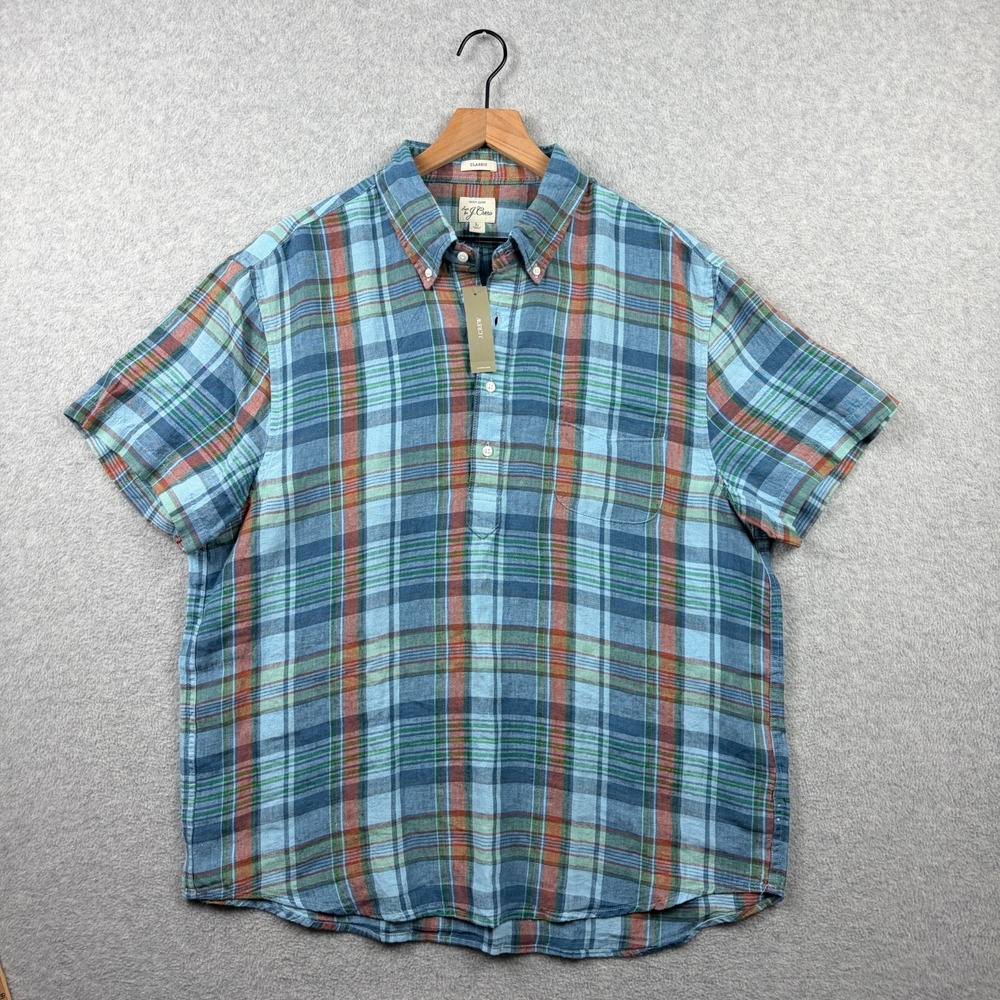 J Crew Popover Shirt Mens Large Blue Plaid Irish Linen Madras Classic Fit NWT